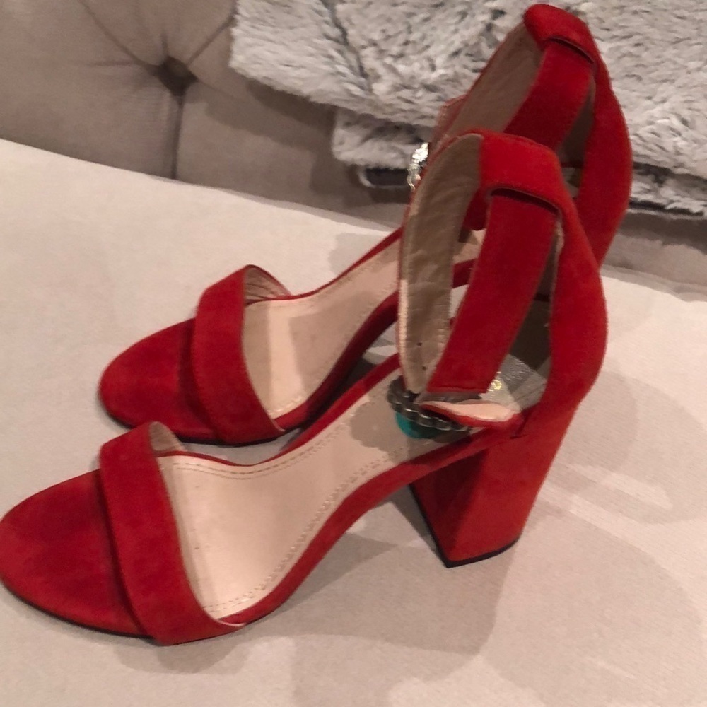 maje block heel sandals in red suede in size 8